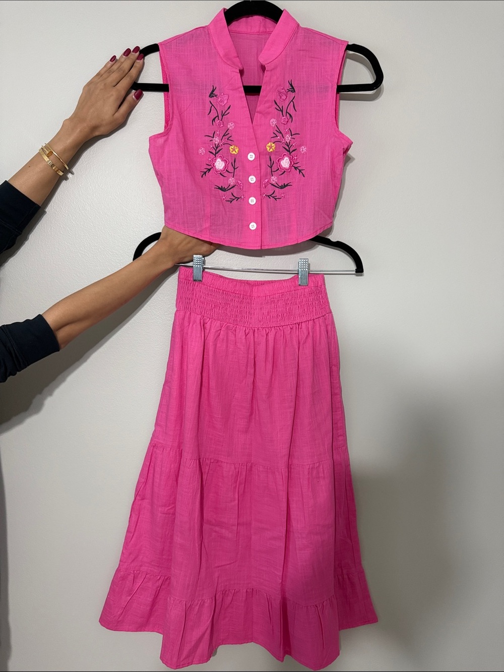 Women's Pink Embroidered Two-Piece Skirt Set
